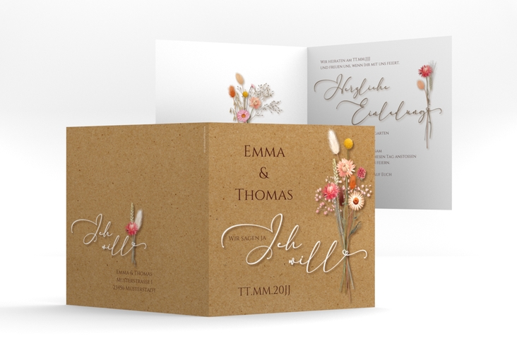 Hochzeitseinladung Flowerbunch quadr. Klappkarte Kraftpapier mit Blumenstrauß aus Strohblumen