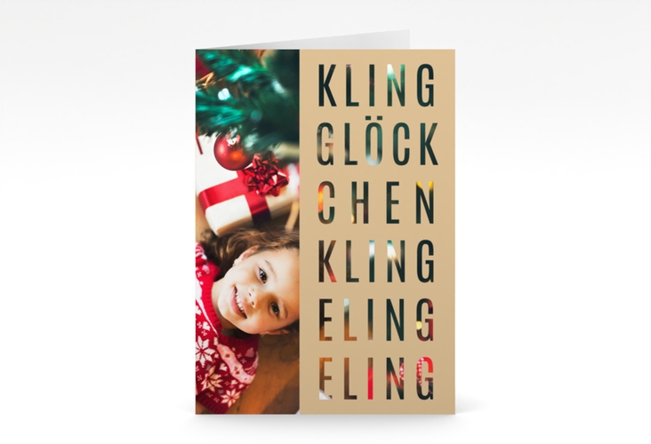 Weihnachtskarte Klingeling A6 Klappkarte hoch beige hochglanz