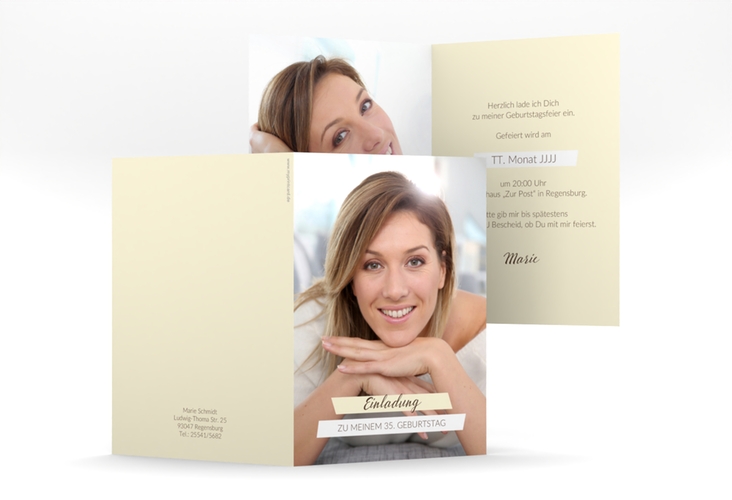 Einladung Geburtstag Happy A6 Klappkarte hoch beige hochglanz