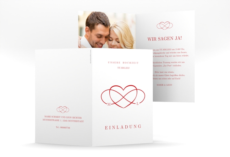 Einladungskarte Hochzeit Infinity A6 Klappkarte hoch rot hochglanz