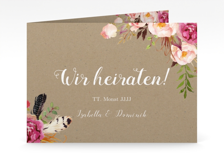 Hochzeitseinladung Flowers mittlere Klappkarte quer Kraftpapier mit bunten Aquarell-Blumen