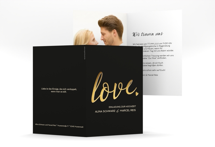 Einladungskarte Hochzeit Glam A6 Klappkarte hoch schwarz hochglanz