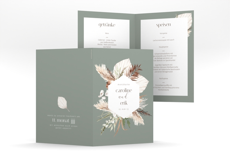 Menükarte Hochzeit Bohemian A5 Klappkarte hoch gruen hochglanz