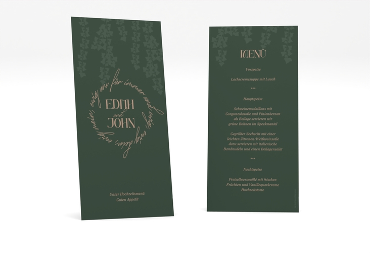 Menükarte Hochzeit Efeugrün lange Karte hoch im Fantasy-Elfen-Design mit Efeu