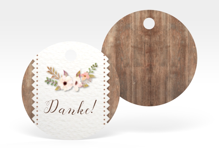 Geschenkanhänger Hochzeit Heimatjuwel Geschenkanhänger, rund braun mit Hirschgeweih und Holz-Hintergrund