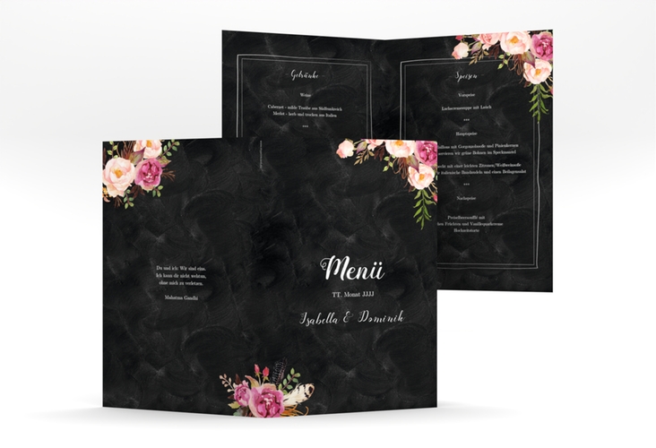 Menükarte Hochzeit Flowers A5 Klappkarte hoch schwarz hochglanz mit bunten Aquarell-Blumen
