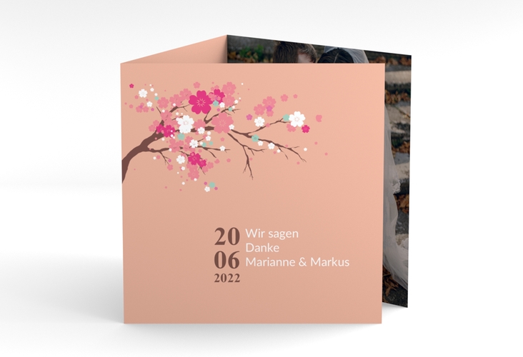 Dankeskarte Hochzeit Sakura quadr. Doppel-Klappkarte apricot