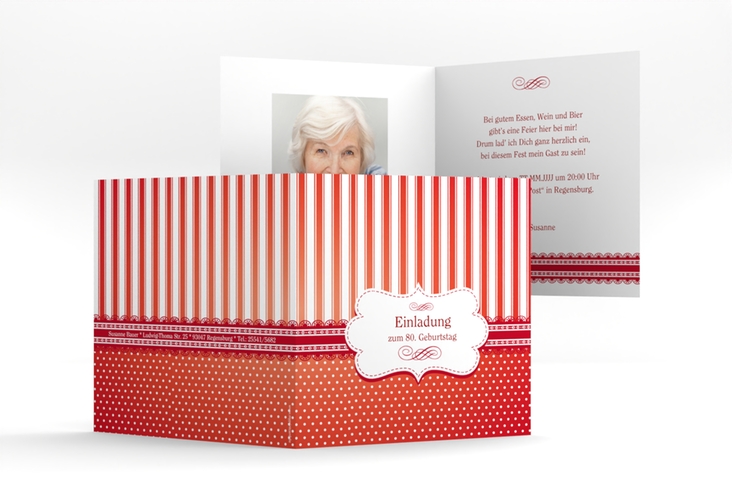 Einladung 80. Geburtstag Heinrich/Henriette quadr. Klappkarte rot mit frechen Polka Dots