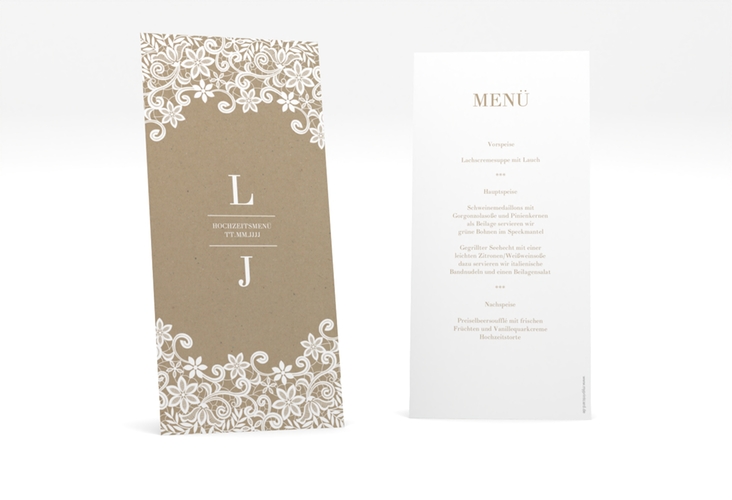 Menükarte Hochzeit Bella lange Karte hoch Kraftpapier mit weißer Brautspitze um Initialen