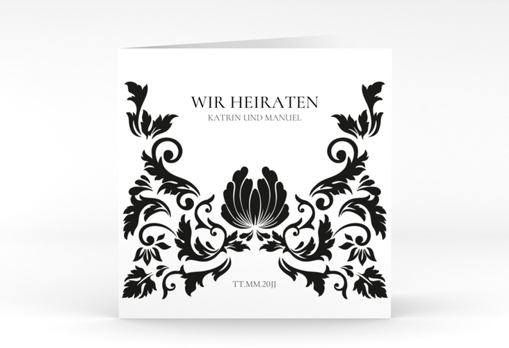 Hochzeitseinladung Royal quadr. Klappkarte weiss hochglanz mit barockem Blumen-Ornament