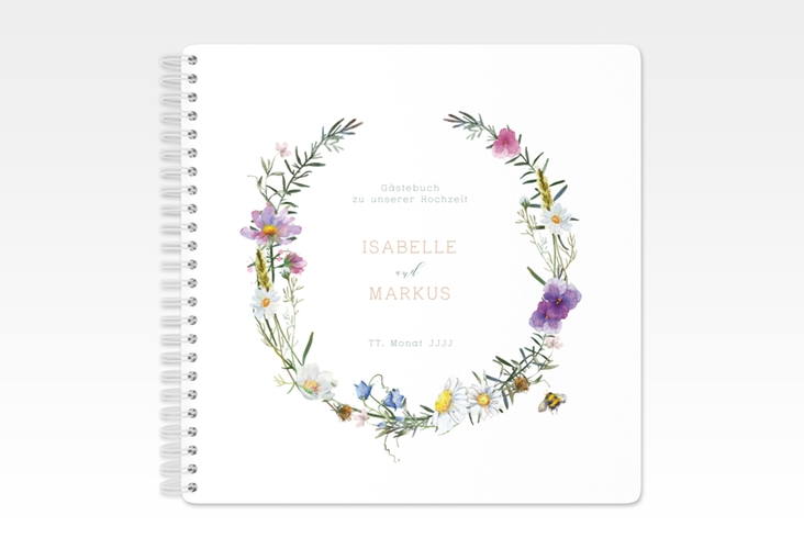 Gästebuch Hochzeit Blumengarten Ringbindung mit Blumenkranz und Hummel