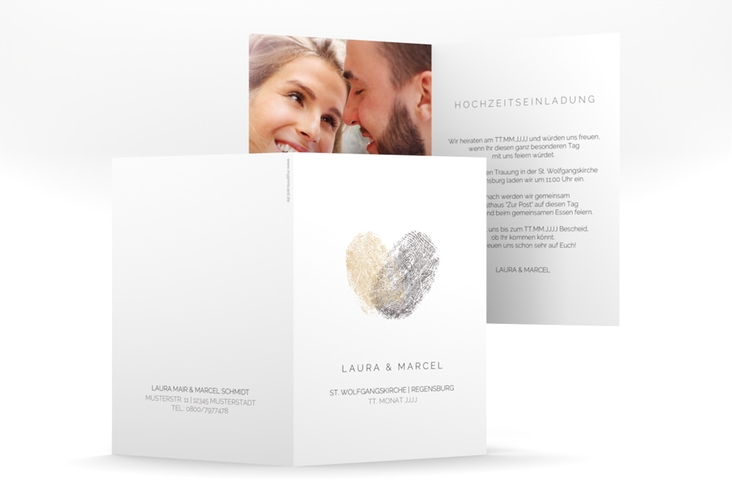Einladungskarte Hochzeit "Fingerprint" A6 Klappkarte hoch beige schlicht mit Fingerabdruck-Motiv
