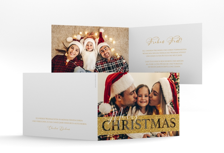 Weihnachtskarte Goldschimmer A6 Klappkarte quer gold mit Foto und Schriftzug Merry Christmas