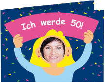 Einladung 50. Geburtstag Comic Woman A6 Klappkarte quer blau