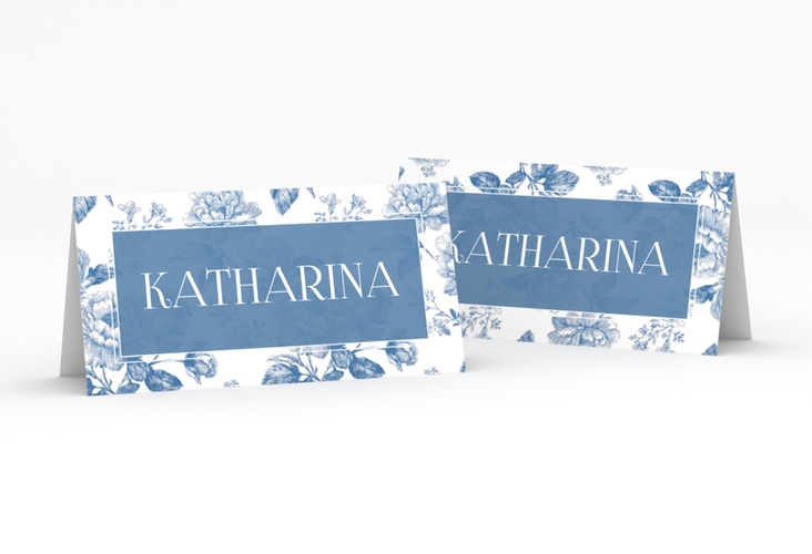 Tischkarte Hochzeit Blue Floral Tischkarten blau mit blauem Blumenmuster auf weißem Grund