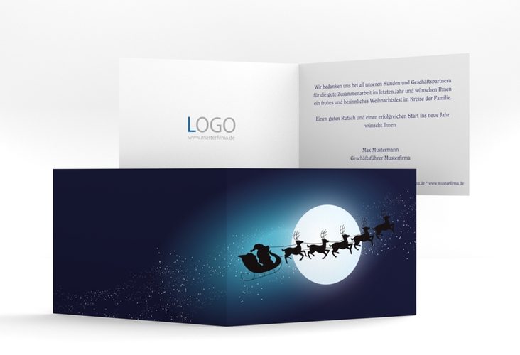 Business-Weihnachtskarte Rentiere A6 Klappkarte quer dunkelblau mit fliegendem Rentierschlitten