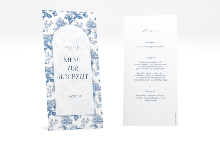 Menükarte Hochzeit Blue Floral lange Karte hoch mit blauem Blumenmuster auf weißem Grund