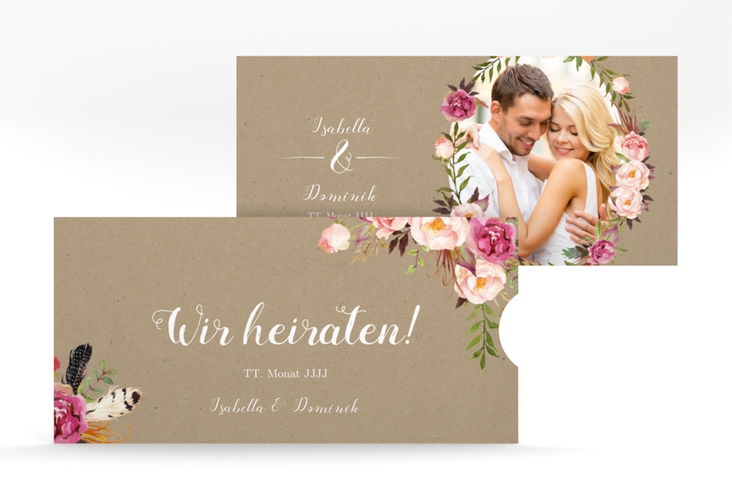 Hochzeitseinladung Flowers Einsteckkarte Kraftpapier mit bunten Aquarell-Blumen