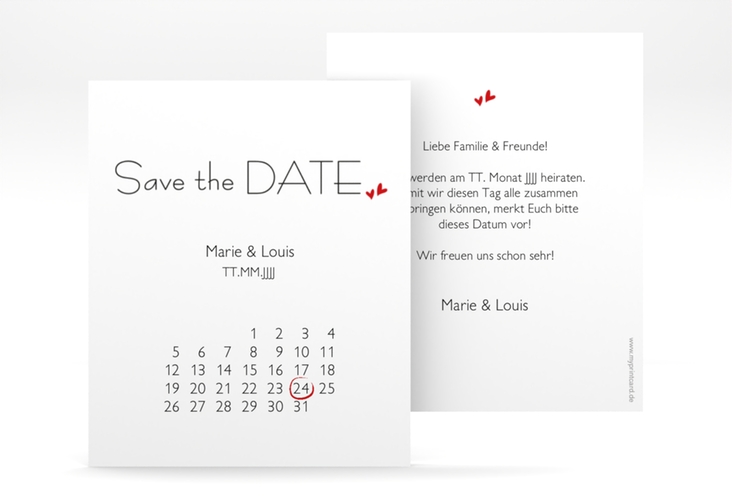 Save the Date-Kalenderblatt Twohearts Kalenderblatt-Karte rot hochglanz