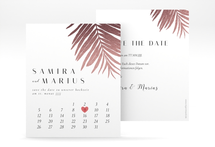Save the Date-Kalenderblatt Palmenblatt Kalenderblatt-Karte rosa hochglanz mit Palmenwedel