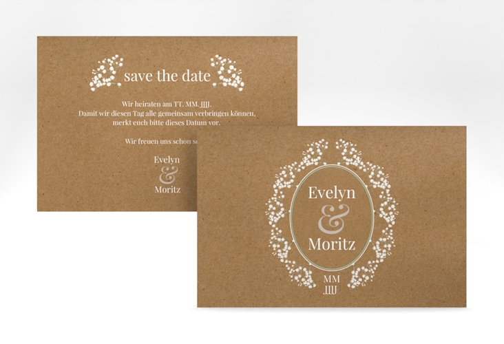 Save the Date-Karte Gypsophila A6 Karte quer im Vintage-Stil mit Blumenkranz aus Schleierkraut