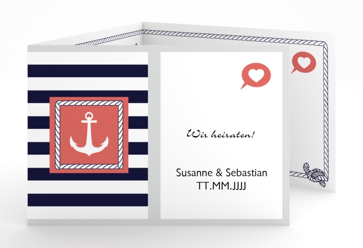 Hochzeitseinladung Girona A6 Doppel-Klappkarte hochglanz mit maritimen Streifen und Anker
