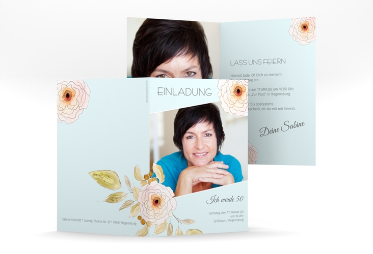 Einladung 50. Geburtstag Fleur A6 Klappkarte hoch tuerkis
