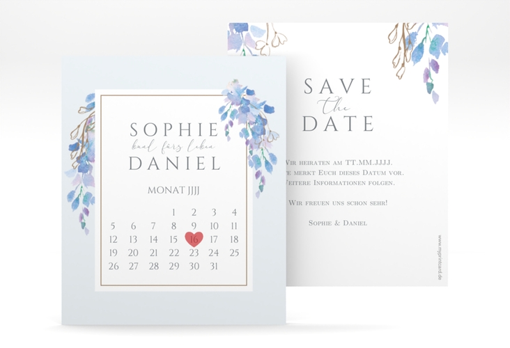 Save the Date-Kalenderblatt Blauregen Kalenderblatt-Karte blau hochglanz mit Wisteria-Blüten
