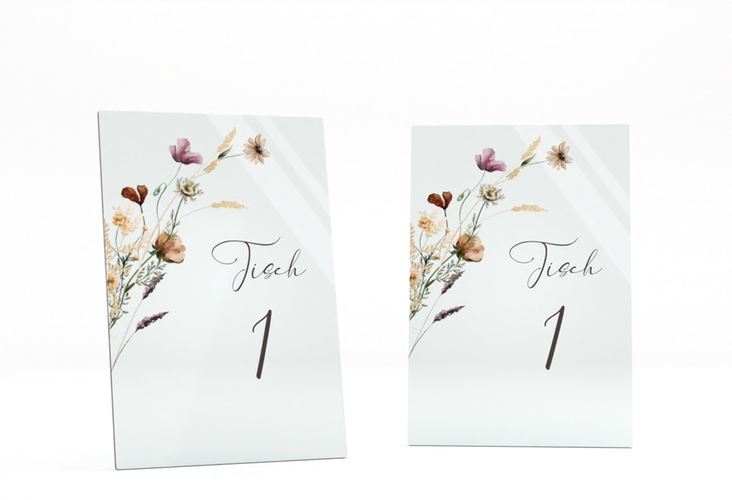 Tischnummer Acryl Hochzeit Sauvages Tischaufsteller Acryl bunt mit getrockneten Wiesenblumen