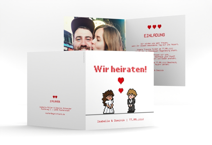 Hochzeitseinladung Pixel quadr. Klappkarte weiss