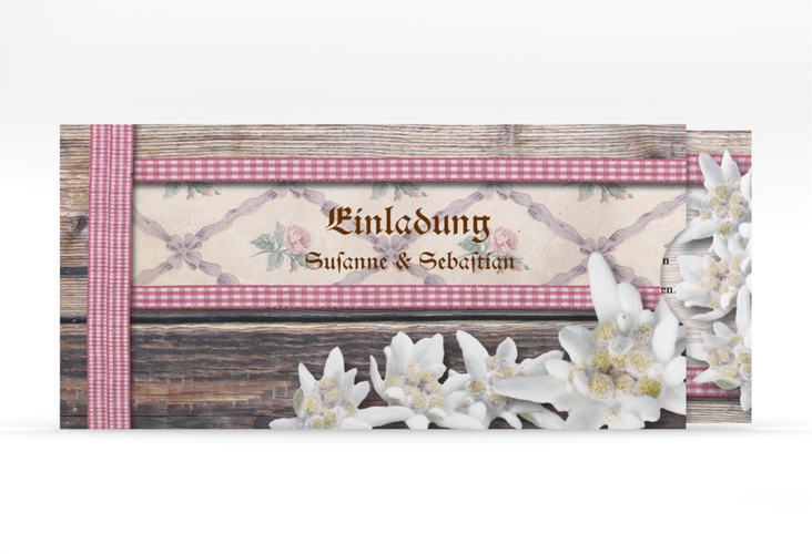 Einladungskarte Hochzeit Bayern Einsteckkarte rot hochglanz mit Edelweiß in rustikaler Holz-Optik