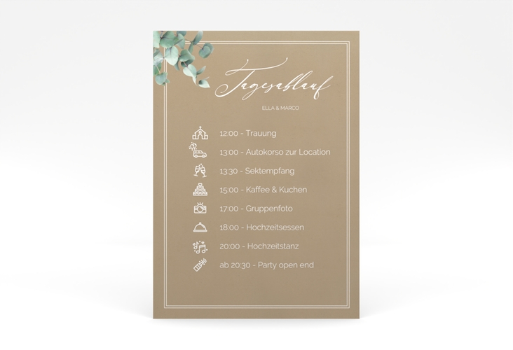 Tagesablauf Poster Hochzeit Eucalypt 50 x 70 cm Poster Kraftpapier mit Eukalyptus und edlem Rahmen