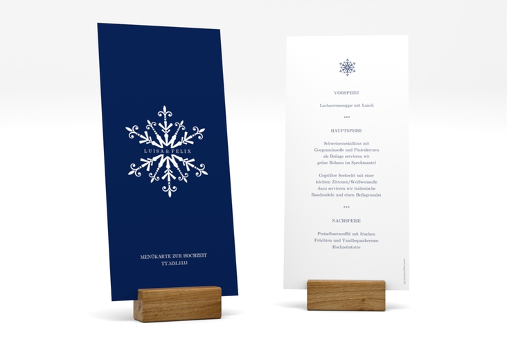 Menükarte Hochzeit Crystal lange Karte hoch blau hochglanz mit Eiskristall