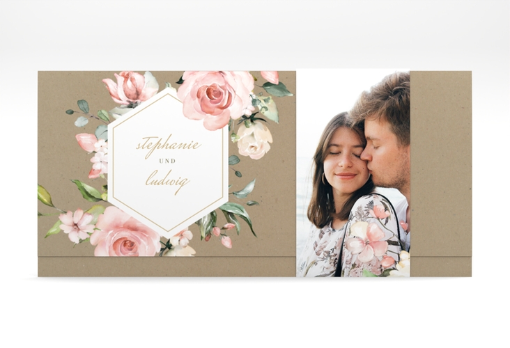 Hochzeitseinladung Graceful Wickelfalzkarte + Banderole Kraftpapier hochglanz mit Rosenblüten in Rosa und Weiß