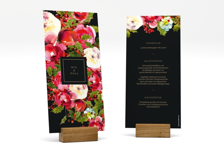 Menükarte Hochzeit "Blumenpracht" lange Karte hoch schwarz hochglanz