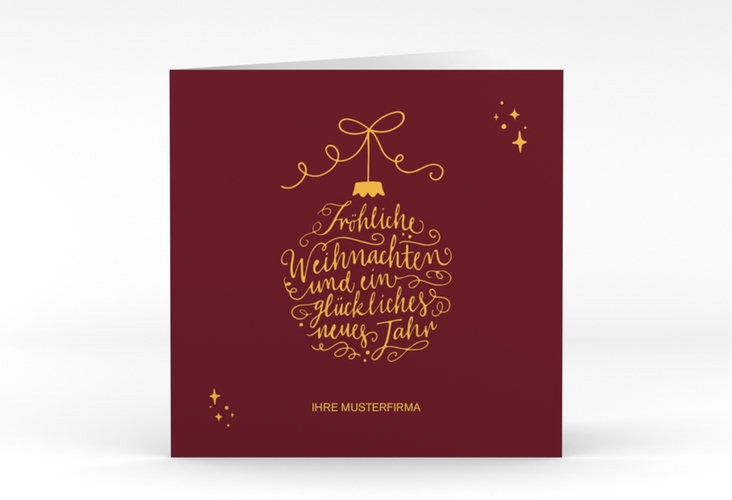 Geschäftliche Weihnachtskarte Lichterglanz quadr. Klappkarte rot mit Weihnachtskugel-Kalligrafie