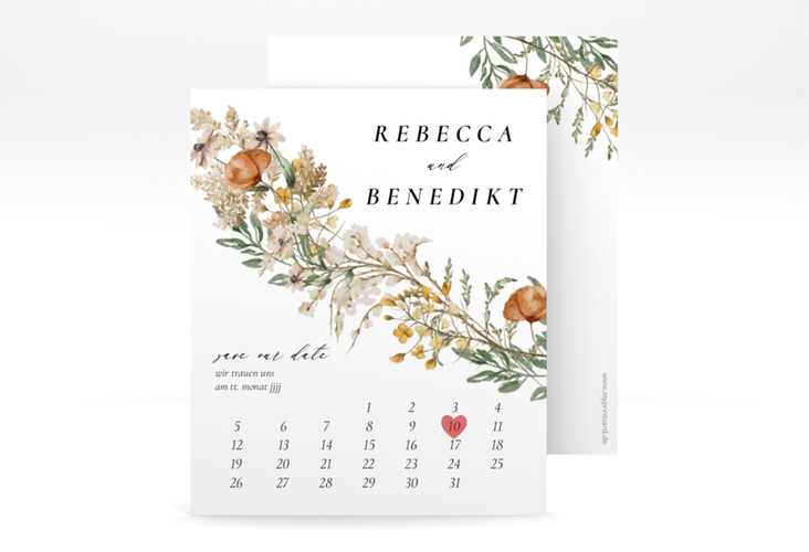 Save the Date-Kalenderblatt Wildfang Kalenderblatt-Karte weiss hochglanz mit getrockneten Wiesenblumen