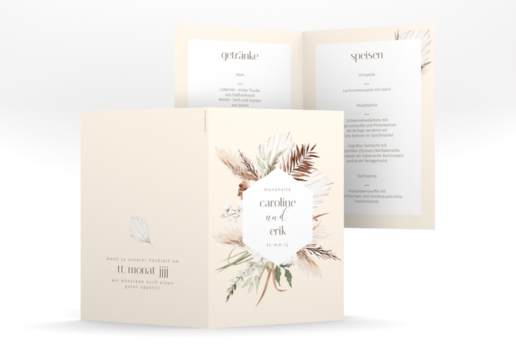 Menükarte Hochzeit Bohemian A5 Klappkarte hoch beige hochglanz