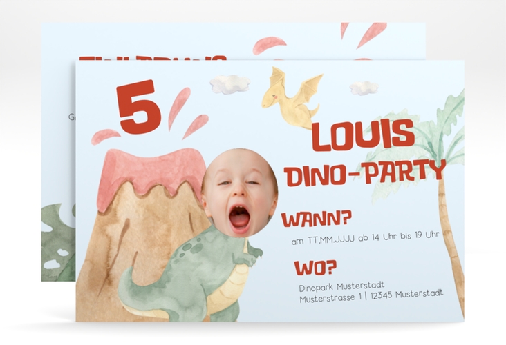 Einladungskarte Kindergeburtstag Dinoparty A6 Karte quer blau lustig mit T-Rex und Foto
