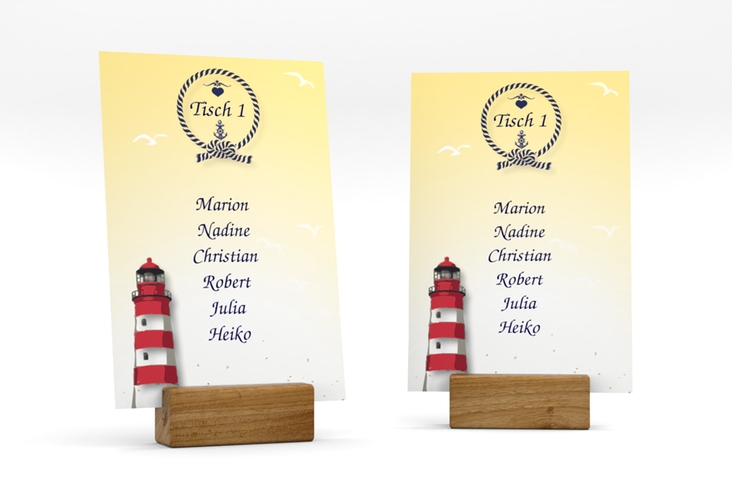Tischaufsteller Hochzeit Sylt Tischaufsteller gelb mit Leuchtturm