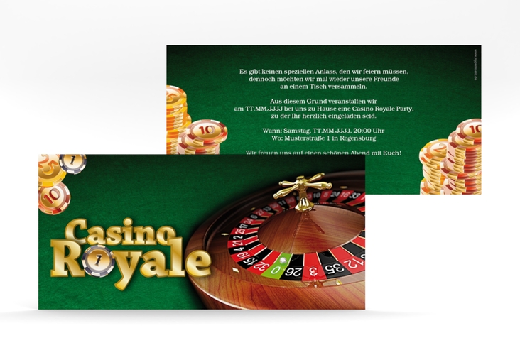Partyeinladung Casino lange Karte quer gruen hochglanz