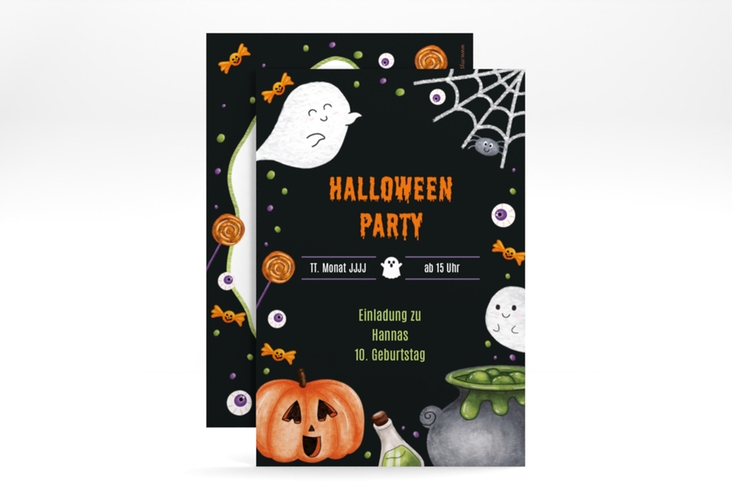 Einladungskarte Kindergeburtstag Spooky A6 Karte hoch schwarz mit lustigen Gespenstern, Kürbis und Zauberkessel für Halloween-Partys