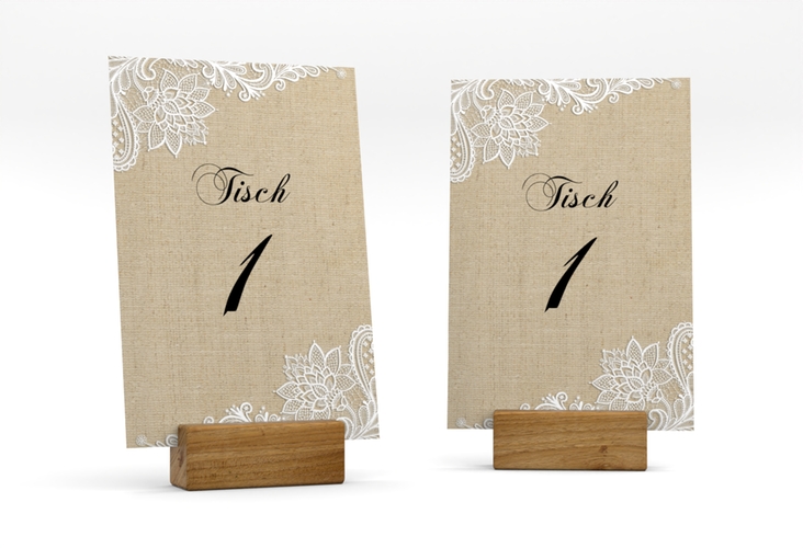Tischnummer Hochzeit Lace Tischaufsteller beige in Leinen-Optik mit weißer Spitze