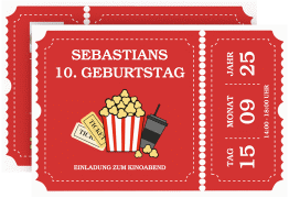 Klick: Details zu Einladungskarte Kindergeburtstag "Kino" anzeigen Einladungskarte Kindergeburtstag Kino A6 Karte quer rot