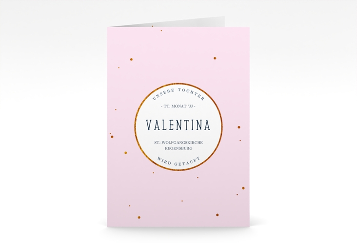 Einladungskarte Taufe  Sparkling A6 Klappkarte hoch rosa
