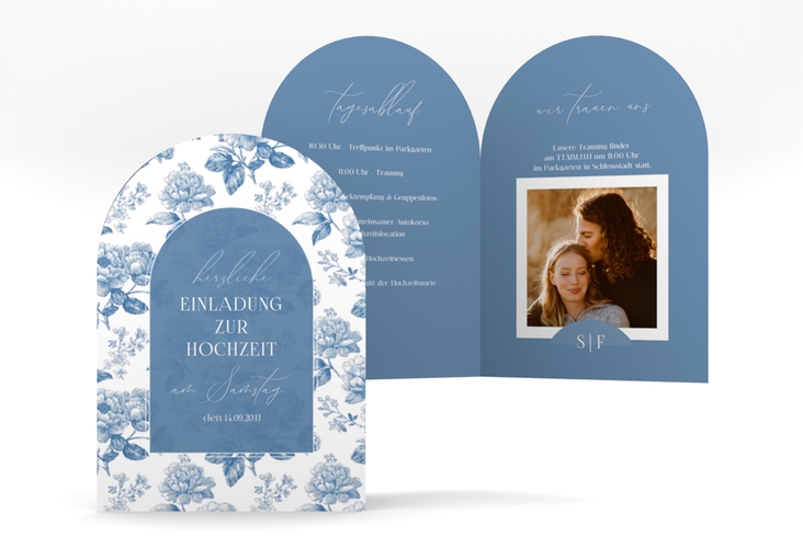 Einladungskarte Hochzeit Blue Floral A6 Bogen-Klappkarte + Foto blau mit blauem Blumenmuster auf weißem Grund