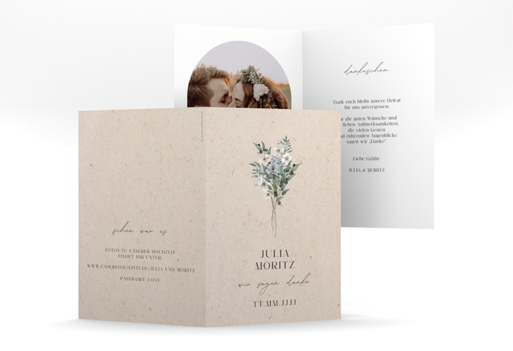Danksagungskarte Hochzeit Sträußchen A6 Klappkarte hoch Kraftpapier hochglanz mit kleinem Blumenbouquet im Nostalgie-Design