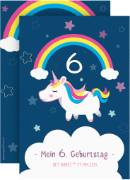 Einladungskarte Kindergeburtstag Unicorn A6 Karte hoch blau mit Einhorn und Regenbogen