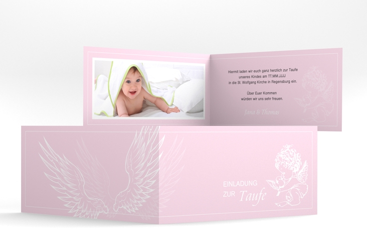 Einladungskarte Taufe Angel lange Klappkarte quer rosa hochglanz
