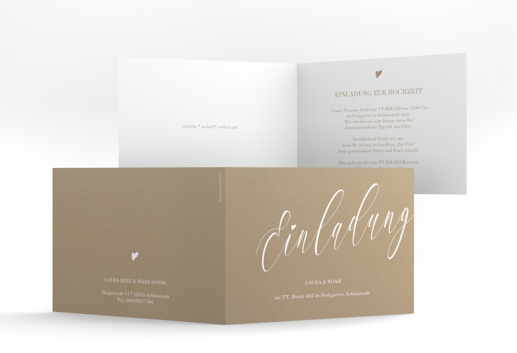 Hochzeitseinladung Kalligrafie A6 Klappkarte quer Kraftpapier